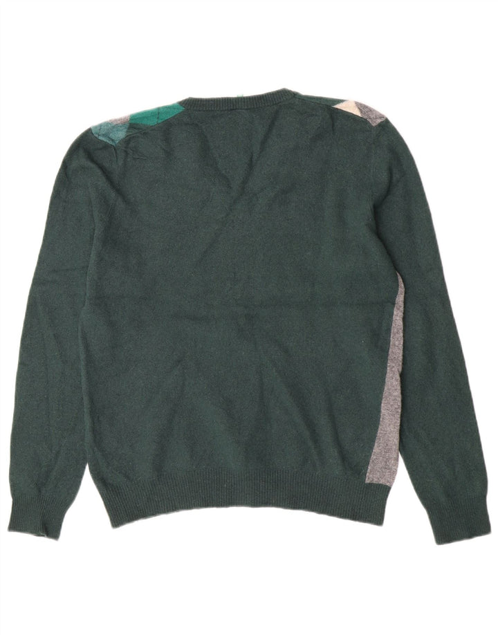Maglione da donna con scollo a V Benetton UK 12 Verde medio Argyle/Diamante