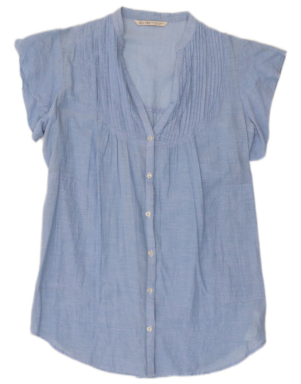 Camicia Zara da donna a maniche corte camicetta UK 12 cotone a righe blu medio