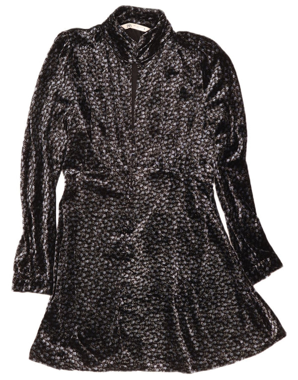 Abito a trapezio a maniche lunghe da donna Zara UK 10 piccolo floreale nero