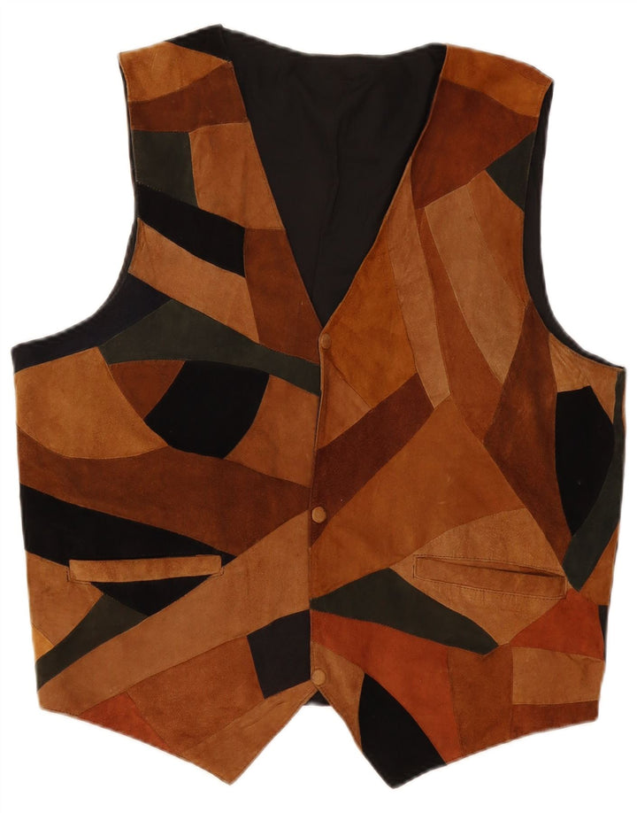Gilet vintage da uomo in pelle scamosciata patchwork marrone medio
