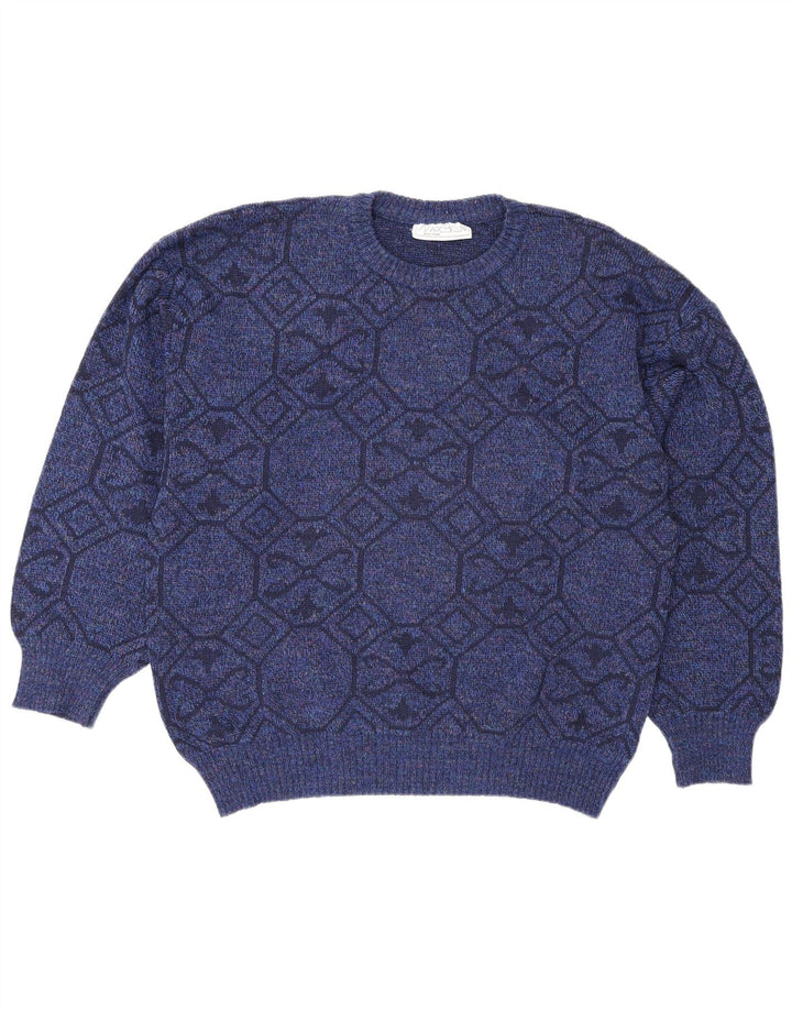 Maglione maglione girocollo da uomo vintage XL blu geometrico