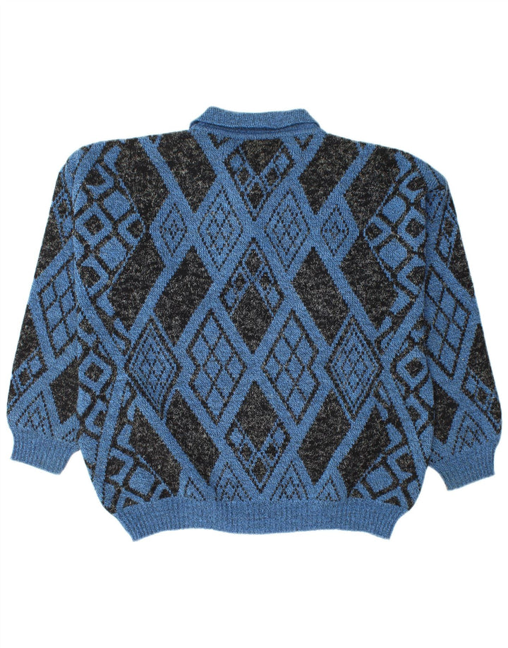 Maglione da uomo con collo alto VINTAGE grande blu a rombi/diamante