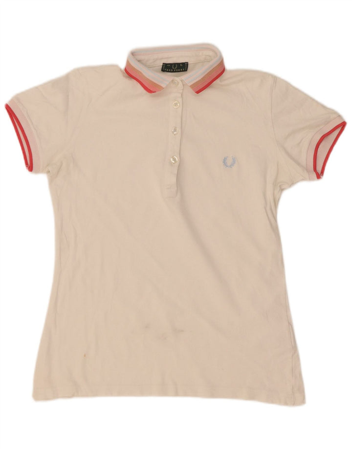 Polo da donna Fred Perry UK 14 grande cotone a righe bianche