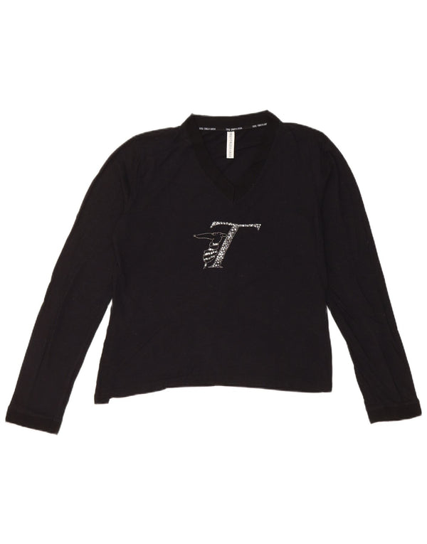 Top corto grafico da donna Trussardi manica lunga UK 14 grande viscosa nera