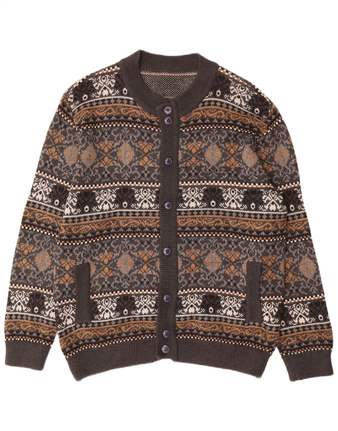 Maglione cardigan vintage da uomo grande lana Fair Isle grigia