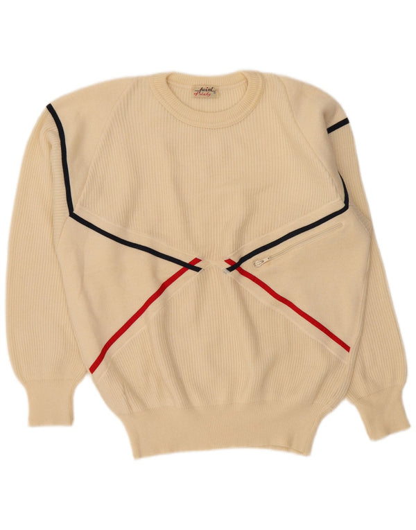 Maglione maglione girocollo da donna vintage UK 20 2XL lana a righe bianco sporco