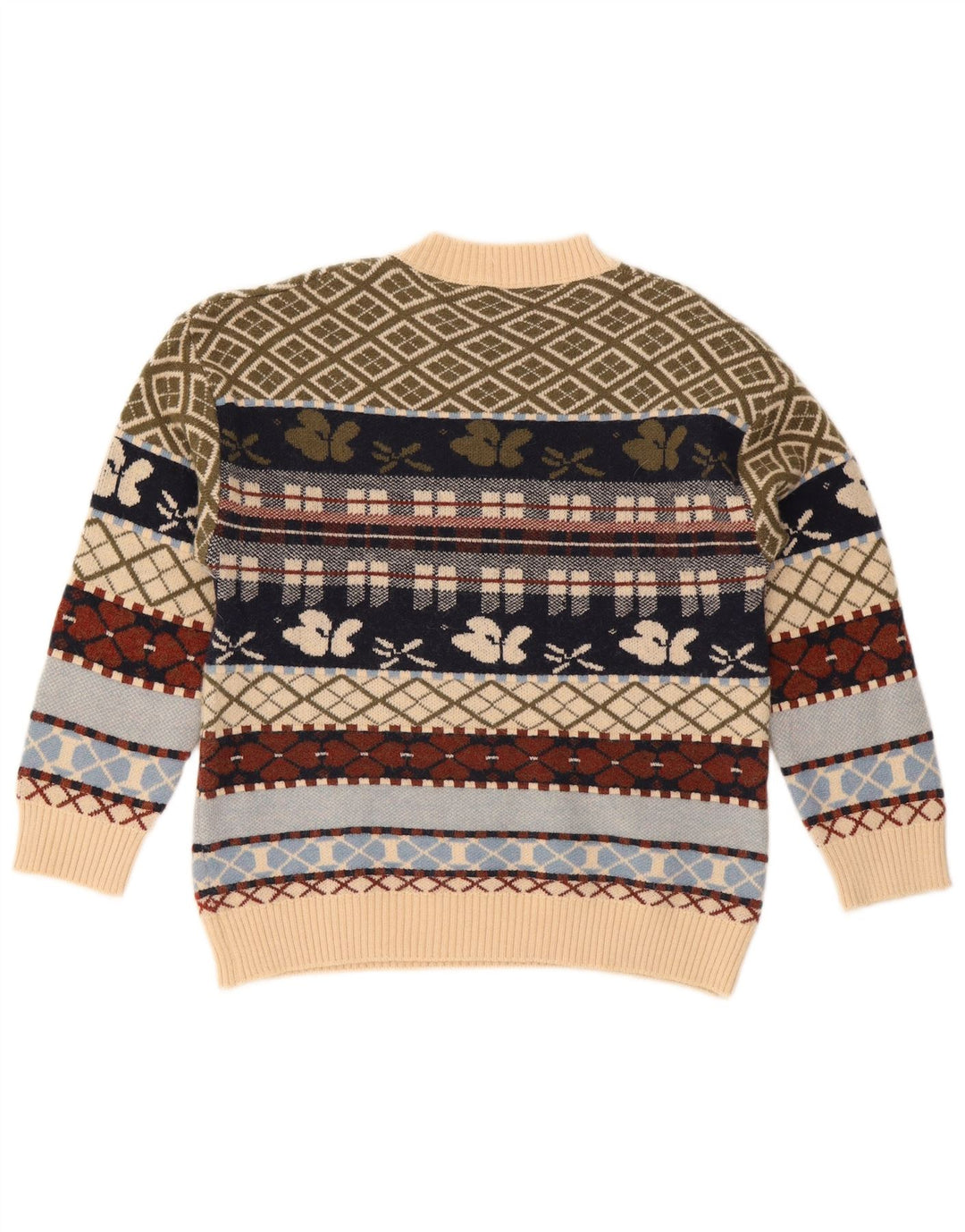 Maglione maglione girocollo da donna vintage UK 10 Piccolo motivo geometrico multicolore
