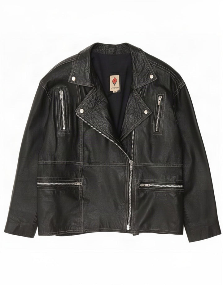 Vintage Womens Biker Leather Jacket IT 48 XL Black