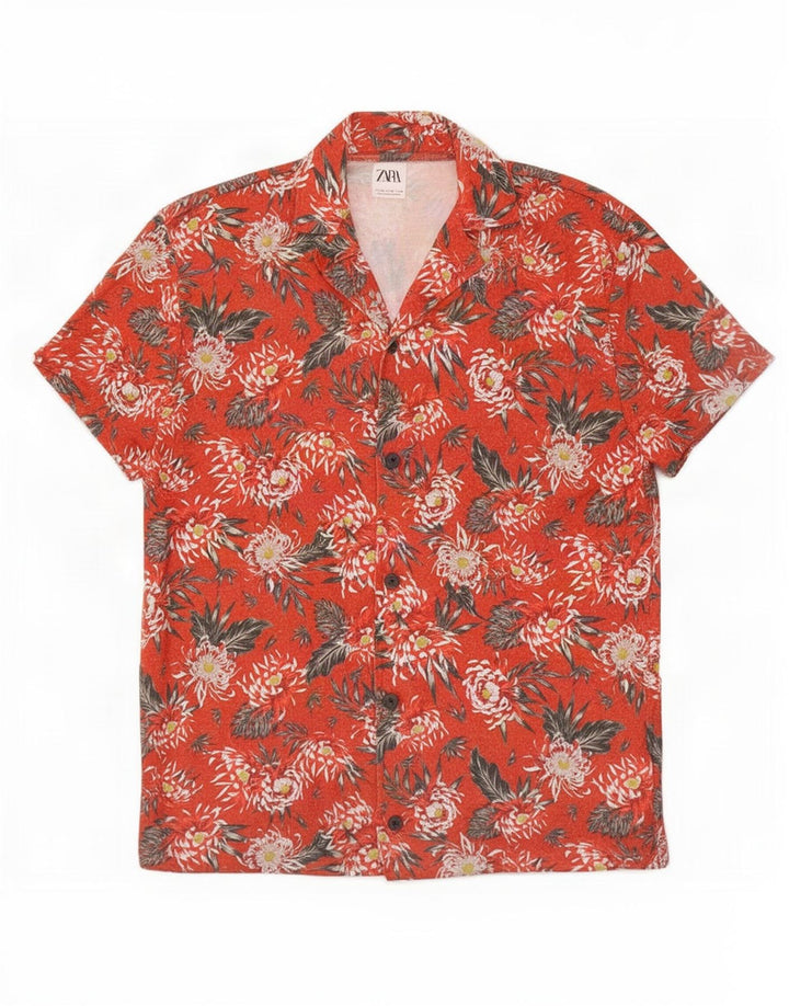 Camicia a maniche corte da uomo Zara in poliestere floreale rosso medio