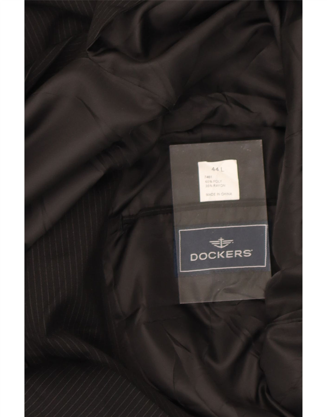 DOCKERS Mens Long 2 Button Blazer Jacket UK 44 2XL Black Pinstripe Vintage Dockers and Second-Hand Dockers from Messina Hembry 