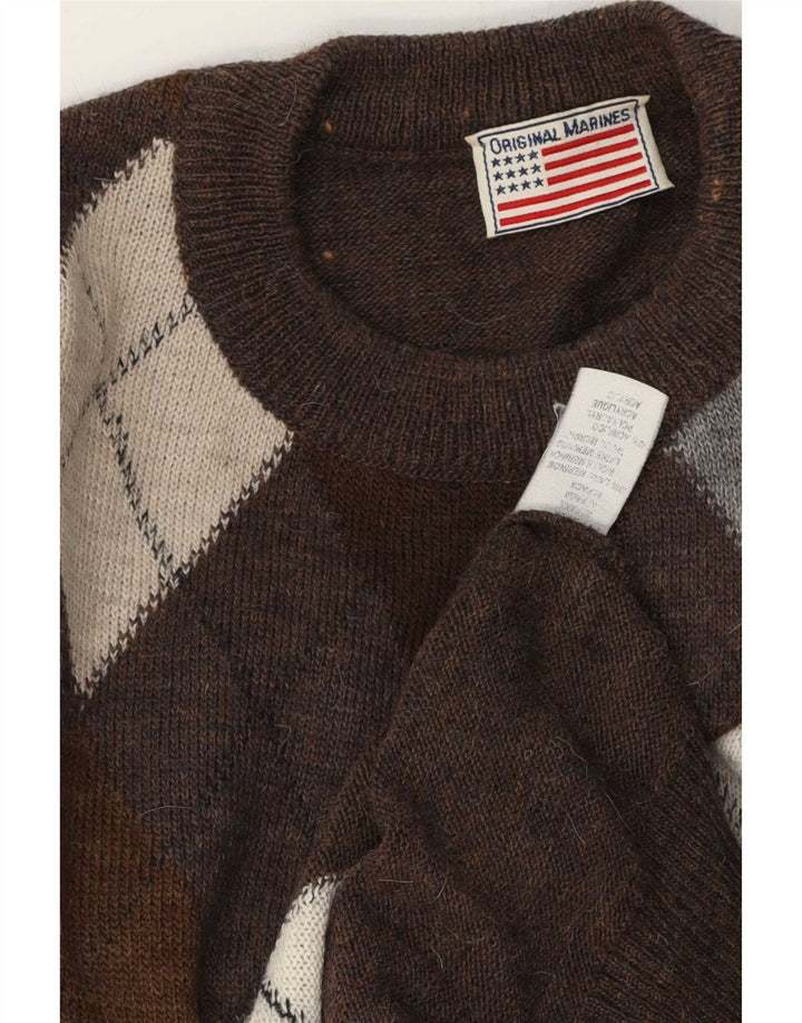 Maglione maglione girocollo da uomo vintage grande marrone a rombi/diamante