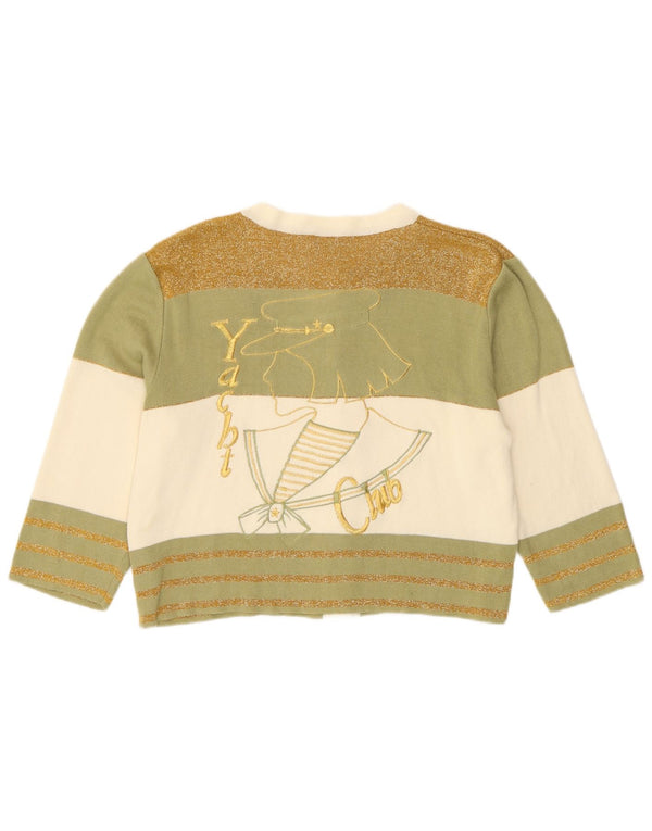 Maglione cardigan corto corto da donna vintage UK 12 cotone a righe kaki medio