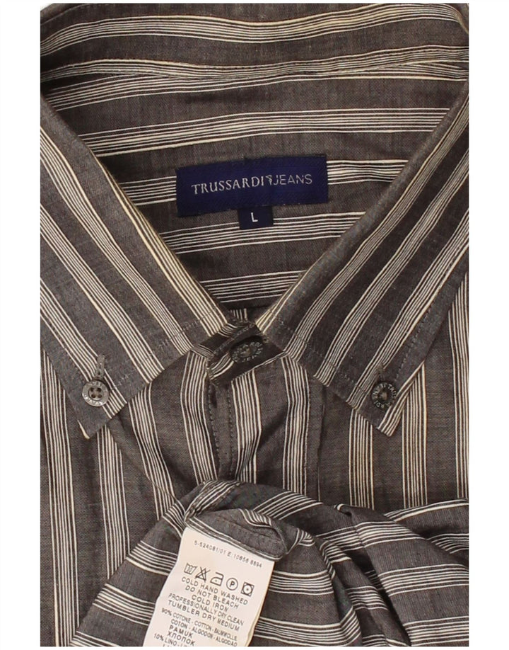 TRUSSARDI JEANS Mens Shirt Large Grey Striped Cotton