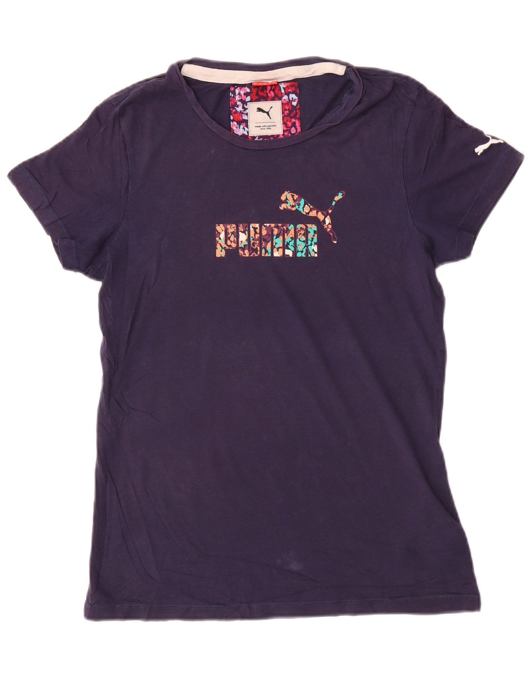 Puma T-shirt grafica da donna Top UK 12 Medium Blu Navy Cotone