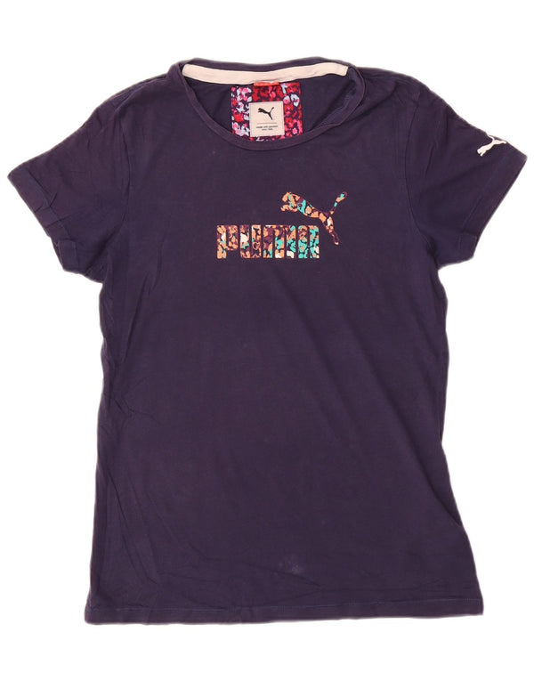 Puma T-shirt grafica da donna Top UK 12 Medium Blu Navy Cotone