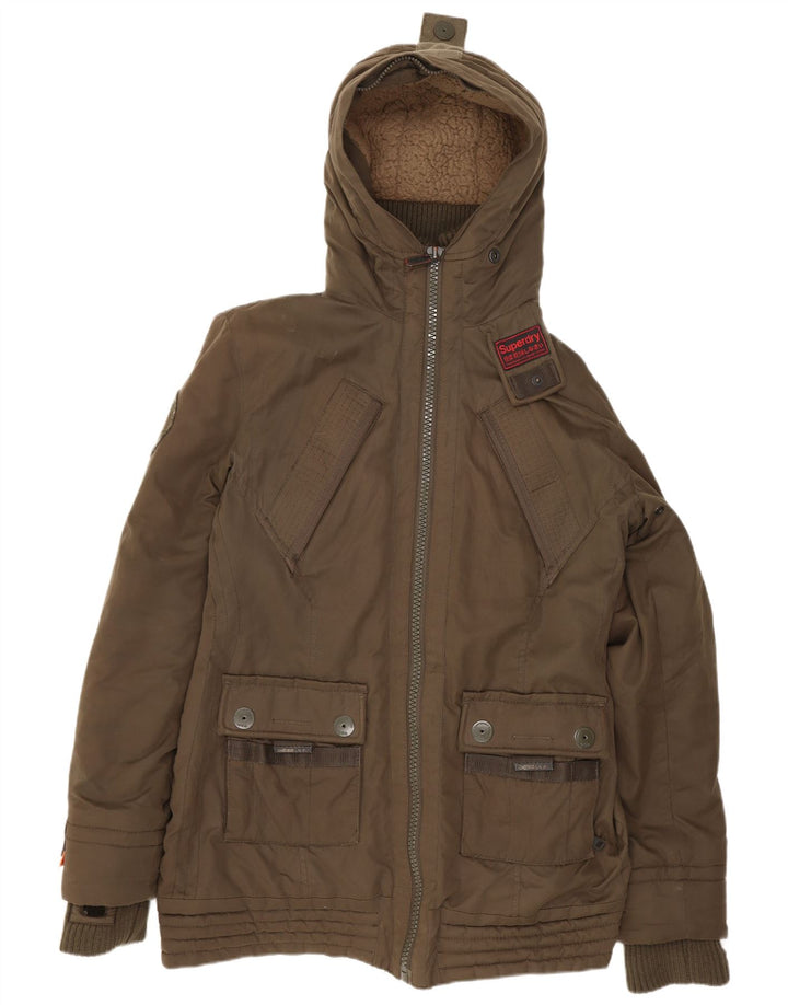 Giacca a vento con cappuccio da donna Superdry UK 16 grande poliestere kaki