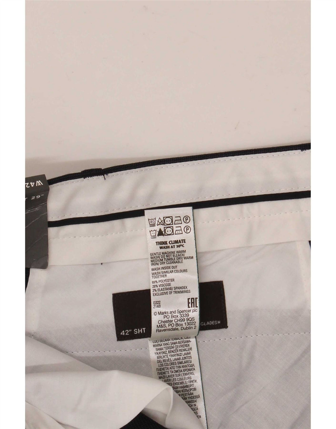 Pantaloni chino da uomo Marks & Spencer W42 L29 poliestere blu navy