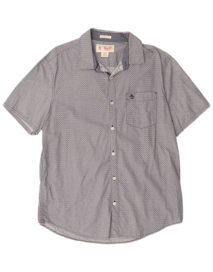 PENGUIN Camicia a maniche corte slim fit Heritage da uomo grande blu geometrico