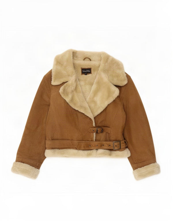 Giubbotto shearling vintage da donna IT 44 in pelle marrone medio