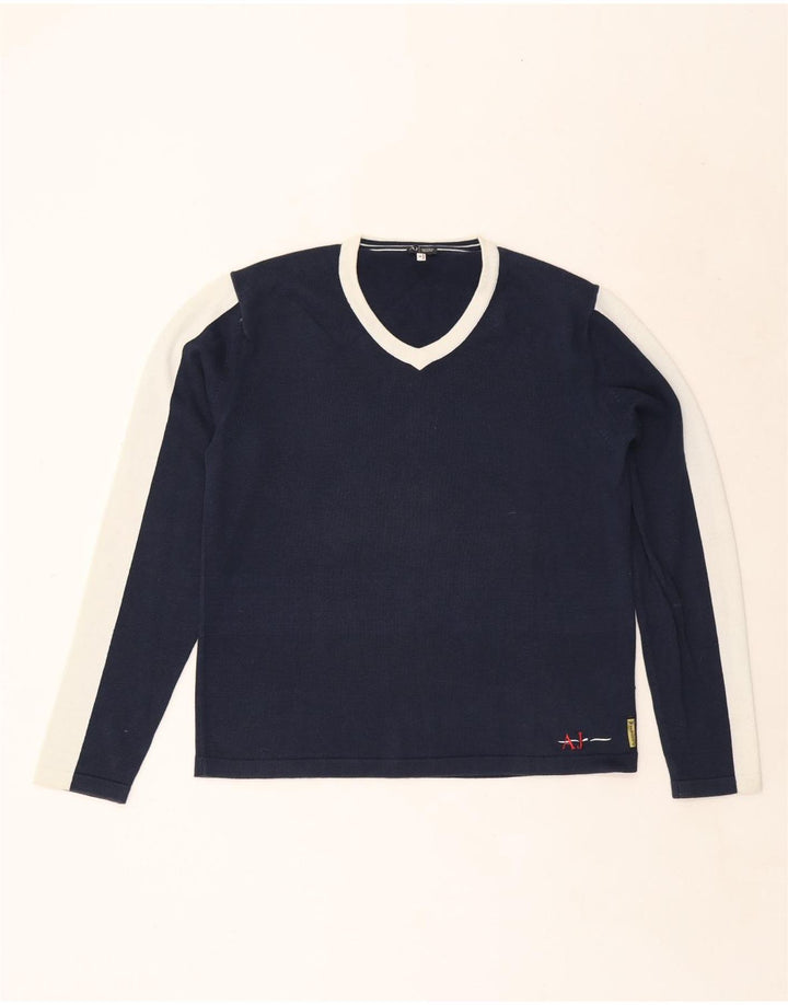 Maglione da uomo Armani con scollo a V, cotone color block medio blu navy