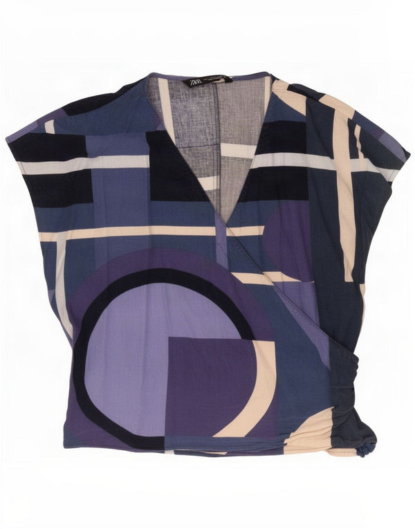 Zara camicetta da donna UK 46 grande lino geometrico blu navy