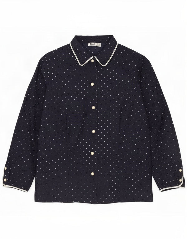 Vintage Womens 3/4 Sleeve Shirt Blouse UK 14 Medium Navy Blue Spotted