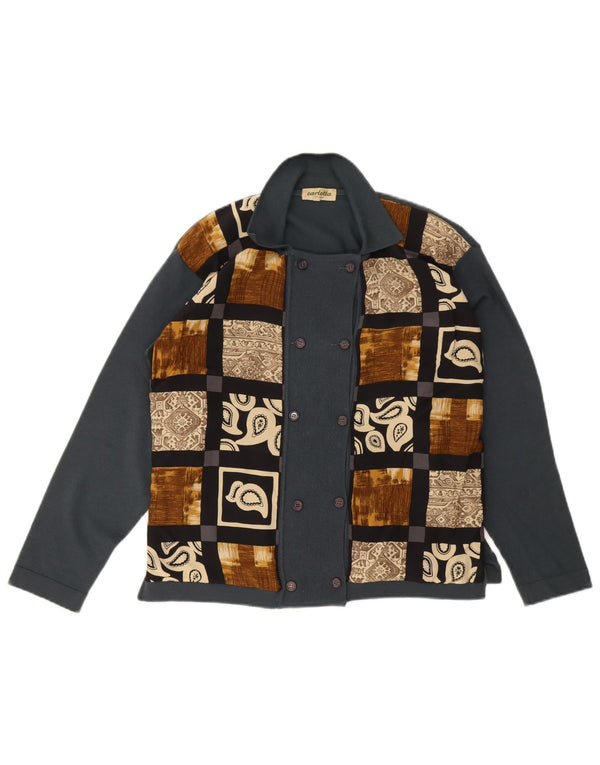 Maglione cardigan doppio petto da donna vintage UK 14 Patchwork grigio medio