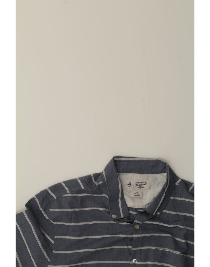 PENGUIN Mens Short Sleeve Shirt Large Navy Blue Striped Cotton Vintage Penguin and Second-Hand Penguin from Messina Hembry 