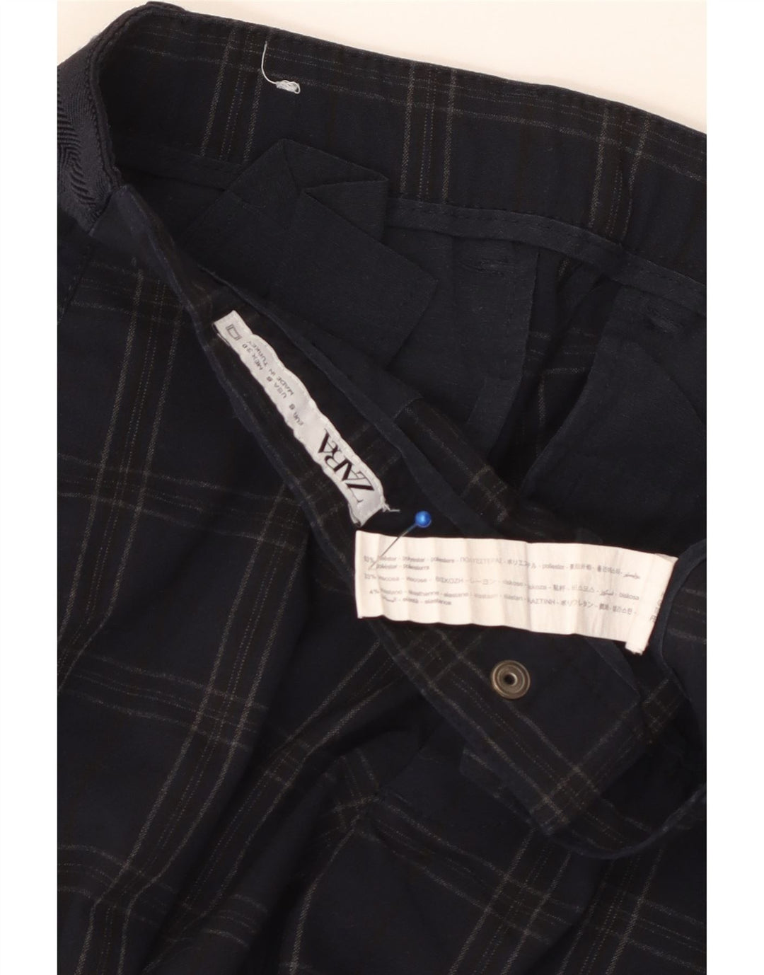 Pantaloni chino slim da uomo ZARA piccoli W30 L29 poliestere a quadri blu navy