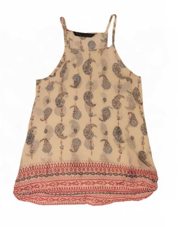 Top tunica senza maniche da donna Zara UK 16 Large Beige Paisley Poliestere