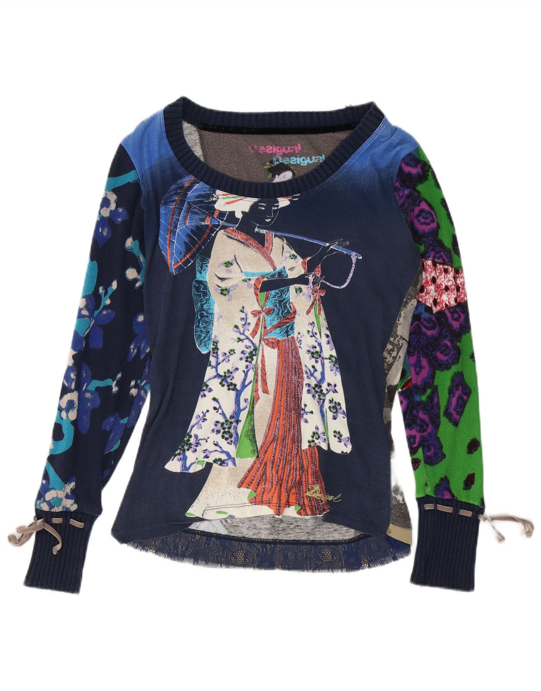 DESIGUAL Top grafico da donna manica lunga UK 14 medio blu navy floreale