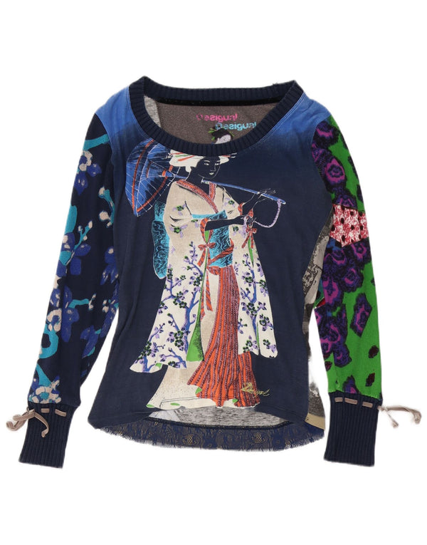 DESIGUAL Top grafico da donna manica lunga UK 14 medio blu navy floreale