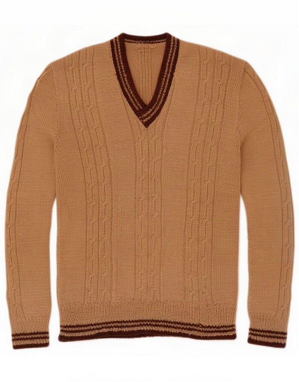 Vintage Mens V-Neck Jumper Sweater Small Brown Striped