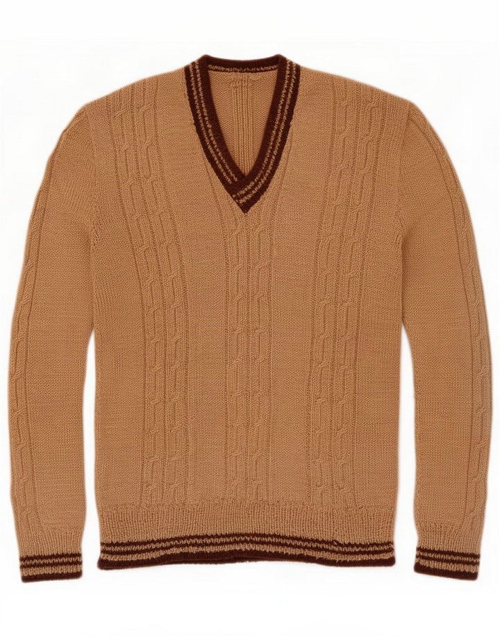 Maglione vintage da uomo con scollo a V a righe marroni piccole