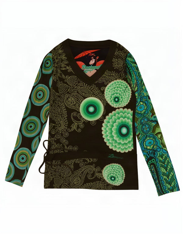 Desigual Donna Graphic Top Manica Lunga UK 10 Piccolo Cachi Cotone Paisley