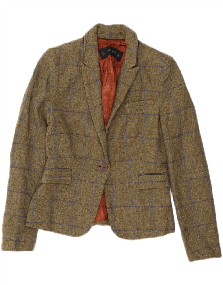 Giacca blazer a 1 bottone da donna Zara UK 10 piccolo quadretto kaki