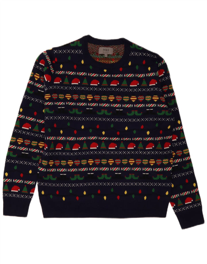 Maglione maglione girocollo da uomo Marks & Spencer medio blu navy natalizio