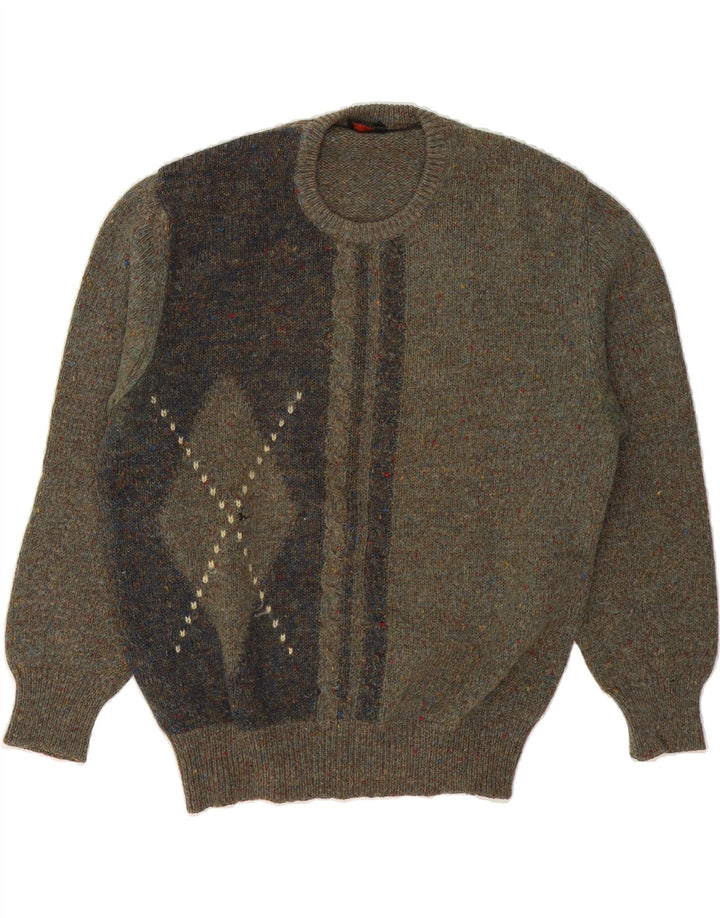 VINTAGE Mens Crew Neck Jumper Sweater XL Grey Argyle/Diamond Wool Vintage Vintage and Second-Hand Vintage from Messina Hembry 
