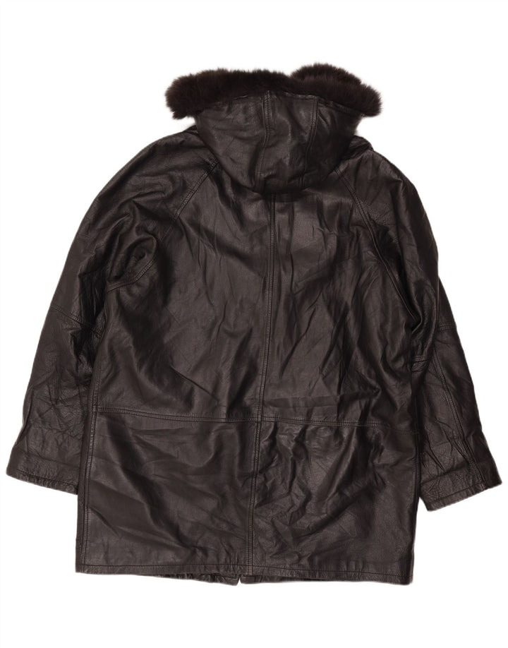 Cappotto in pelle con cappuccio vestibilità ampia da donna vintage UK 18 XL in pelle nera