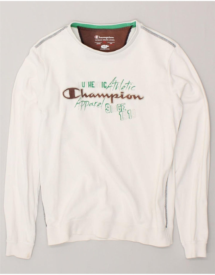 CHAMPION Boys Graphic Sweatshirt Jumper 13-14 Years XL White | Vintage Champion | Thrift | Second-Hand Champion | Used Clothing | Messina Hembry 