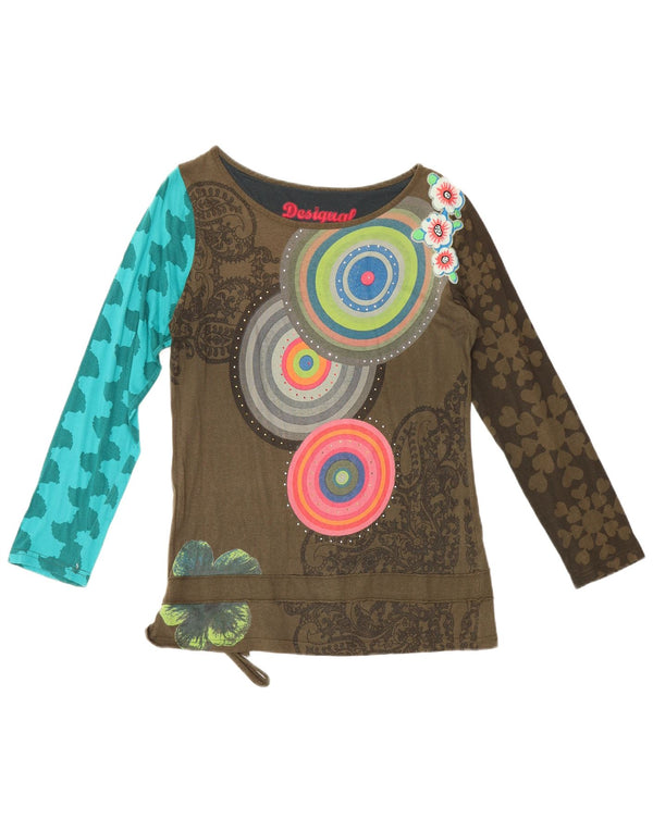 Desigual Donna Graphic Top Manica Lunga UK 20 2XL Cotone geometrico kaki
