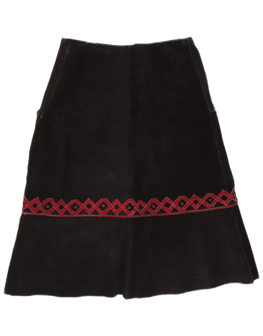 Gonna longuette vintage in pelle scamosciata da donna W28 media nera geometrica