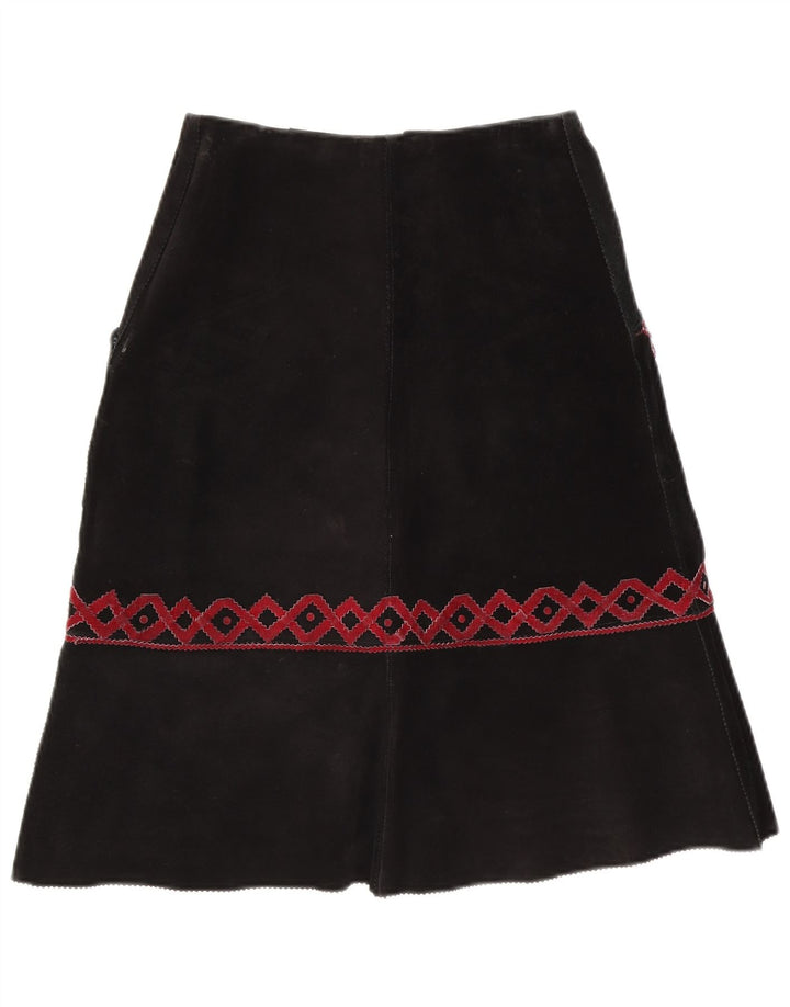 Gonna longuette vintage in pelle scamosciata da donna W28 media nera geometrica