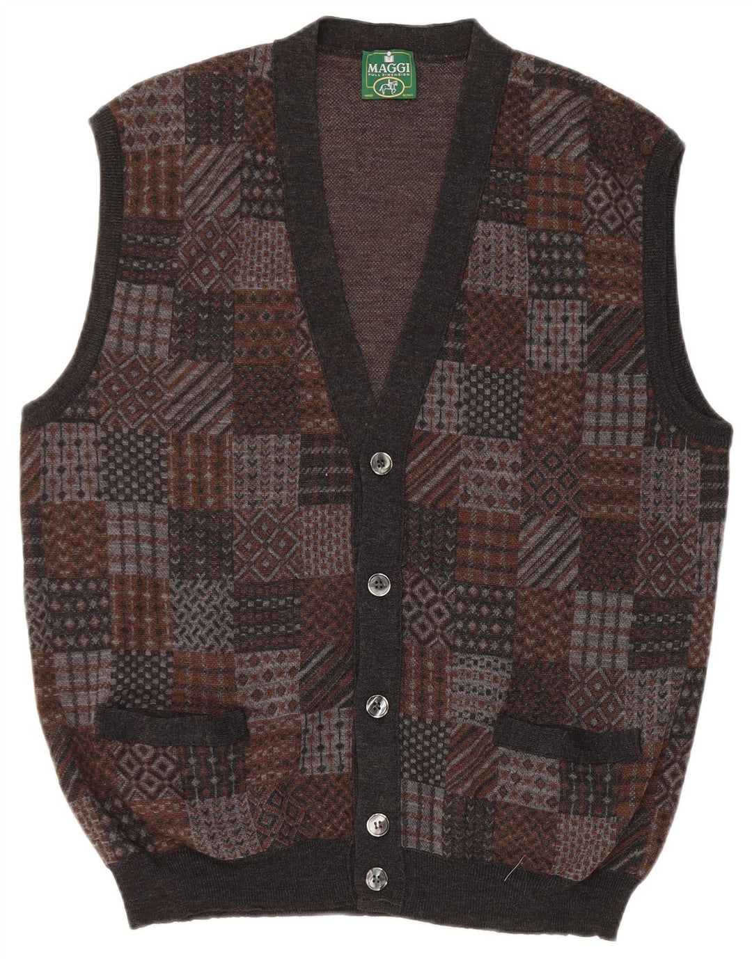 Maglione cardigan senza maniche vintage da uomo in lana vergine geometrica grigio medio