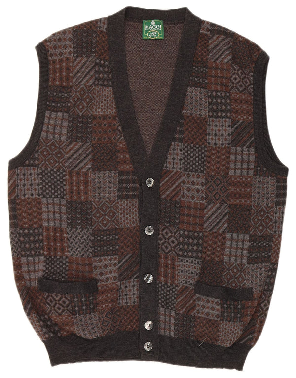 Maglione cardigan senza maniche vintage da uomo in lana vergine geometrica grigio medio