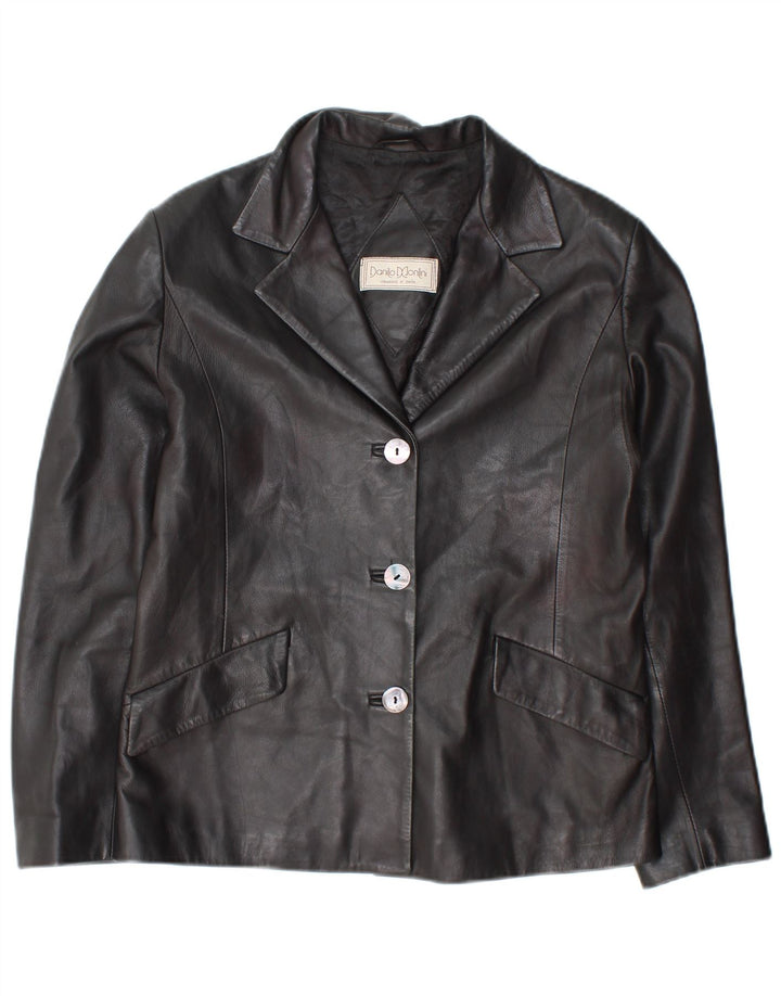 Giacca blazer in pelle vintage da donna a 3 bottoni IT 46 grande in pelle nera