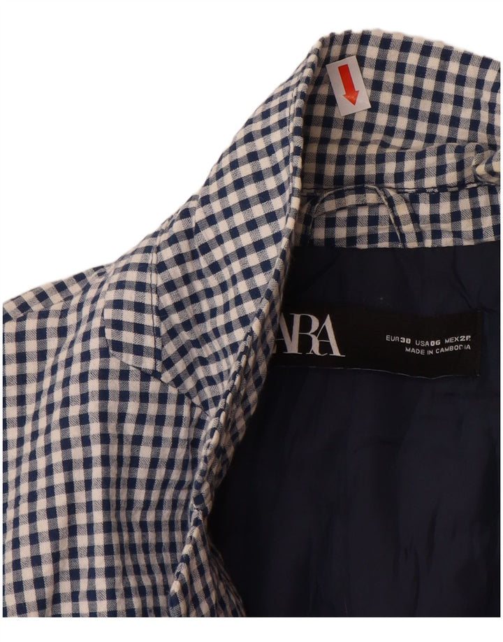 ZARA Giacca Blazer a 1 Bottone da Donna EU 38 Piccolo Cotone a quadretti blu