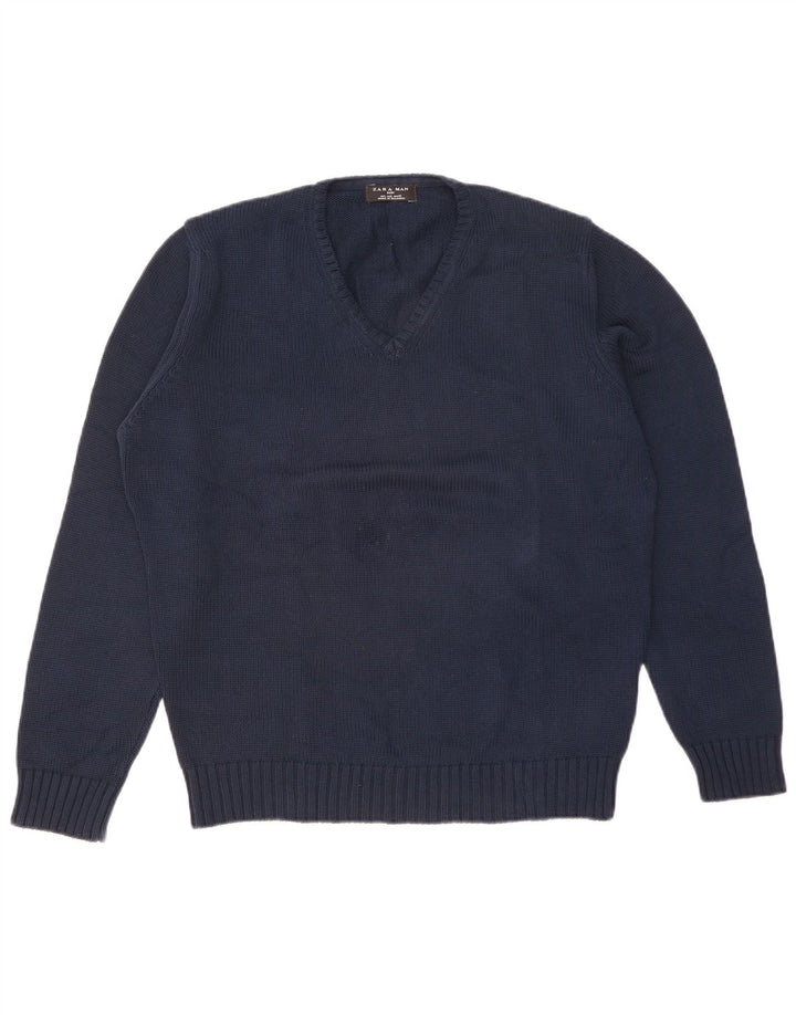Maglione Zara da uomo con scollo a V grande in cotone blu navy
