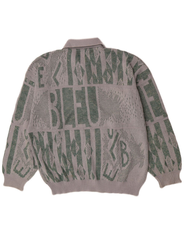 Maglione vintage da uomo con collo a polo grafico XL in cotone grigio