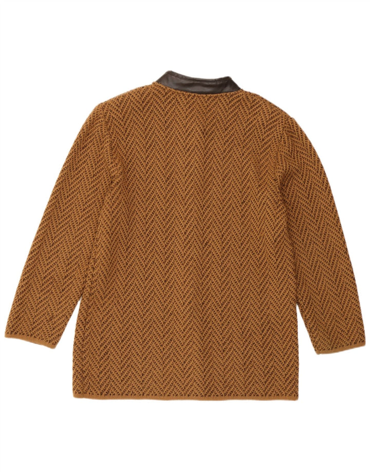 Maglione cardigan da donna vintage UK 14 lana Chevron marrone medio